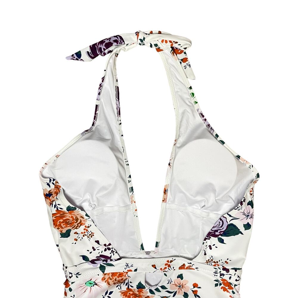 Cupshe | NWT White Floral Print Ruched Halter Cross Cutout One-Piece Swimsuit - Picture 6 of 12